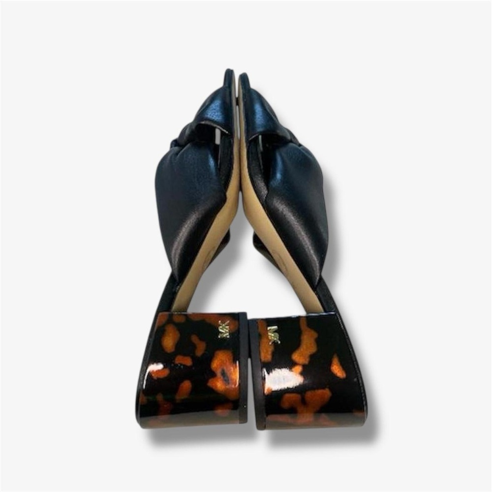 Michael Kors Black Leather Mules | Bow Slip-On Heels with Tortoise Block Heel - Picture 3 of 6